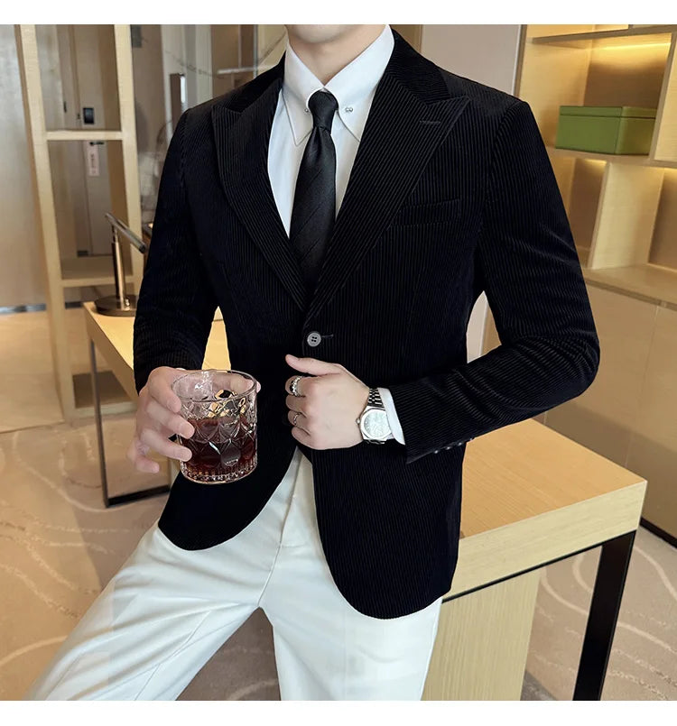 Autumn Winter New Corduroy Striped Suit Jacket Men High Quality Slim Fit Business Social Formal Suit Coats Tailcoat Men Clothing