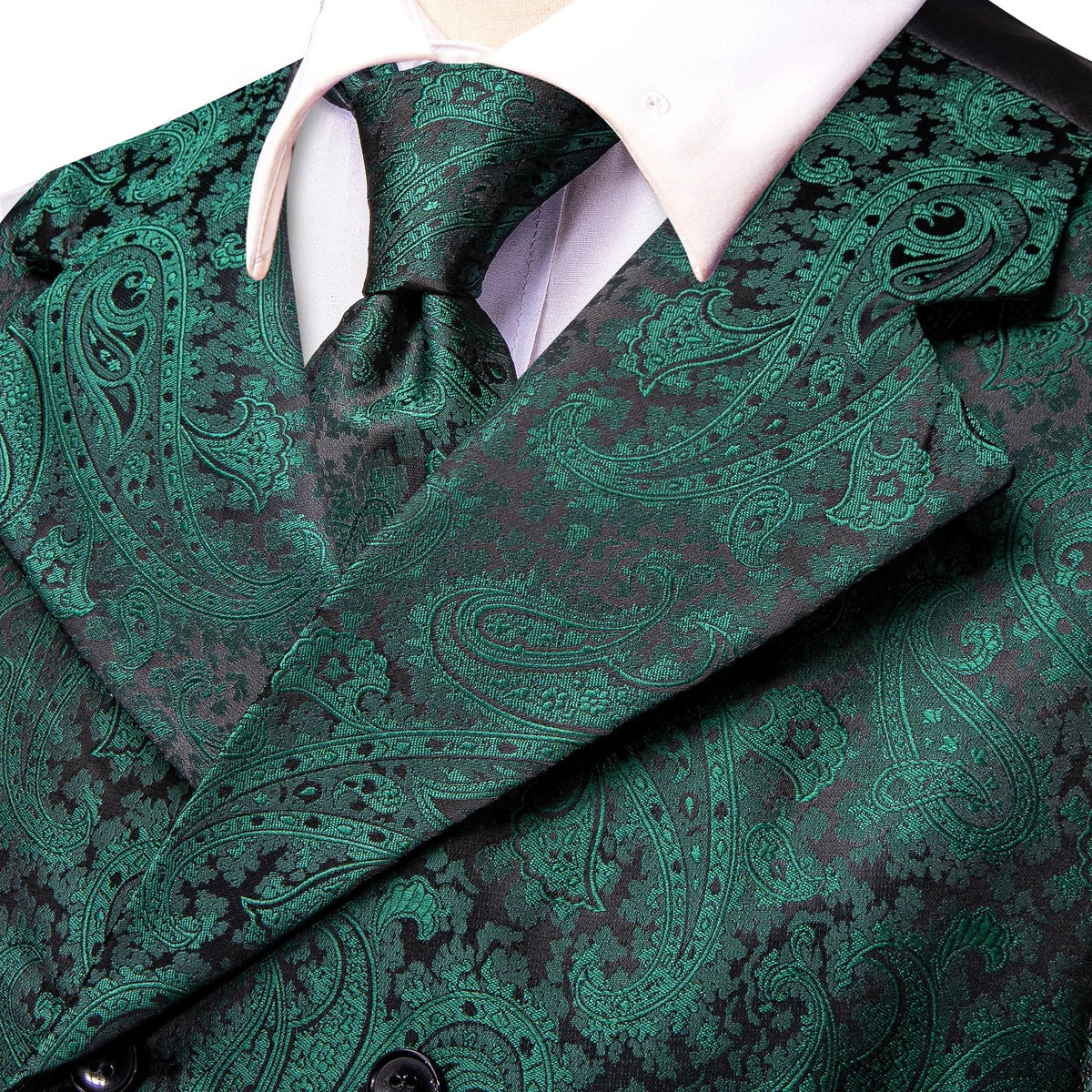 Men's Vest Tie Hanky Cufflinks Set – Black Green Jacquard Floral Paisley – Wedding & Banquet