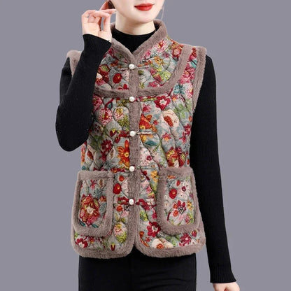 Middle-aged Mother Add Velvet Warm Vest Coat Autumn Winter New Printed Fleece Sleeveless Jacket Grandma Thicken Warm Waistcoat