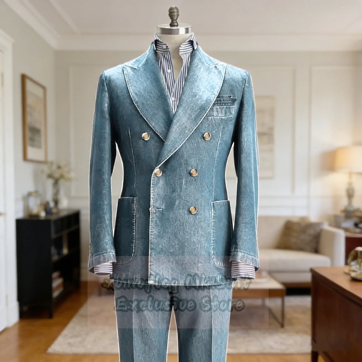 Men's Denim Suit Set Double Breasted Slim Fit Blazer and Trousers for Men