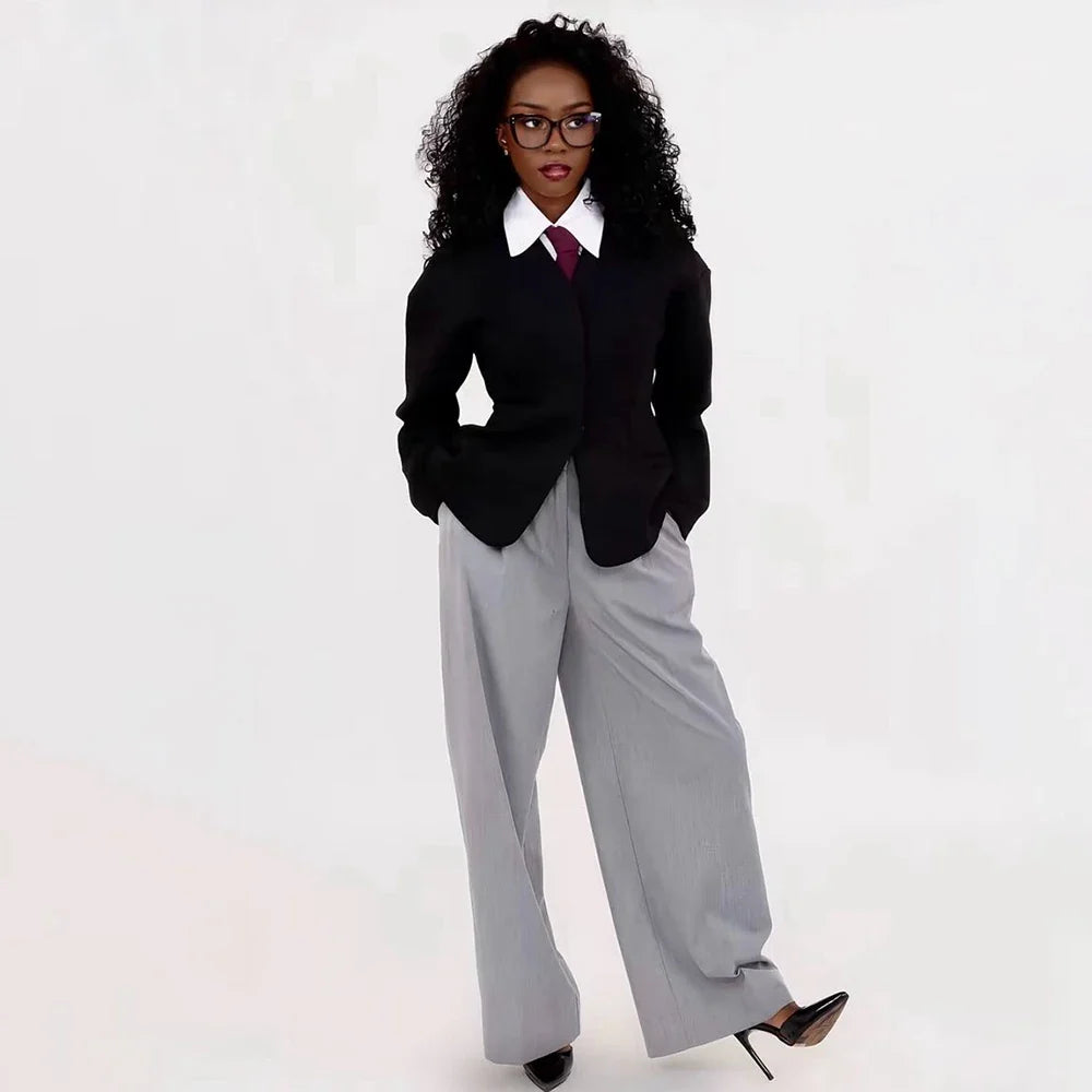Stylish Women's Mixed-color Suit Preppy Style Formal 2-Piece Black Jacket+Grey Pants Set Casual Chic Daily Streetwear