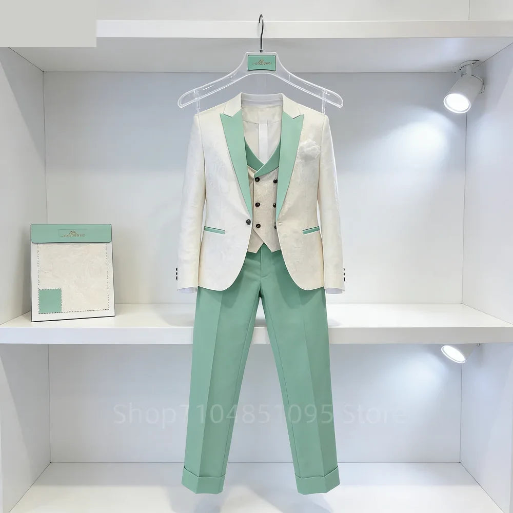 Men's Jacquard 3-Piece Suit Set – Blazer, Double-Breasted Vest & Tailored Trousers for Weddings & Formal Occasions