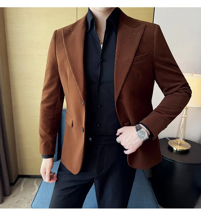 Corduroy Stripe Suit Jacket For Men Autumn Winter Business Slim Fit Tailcoat Formal Wedding Party Fashion Casual Suit Coat 4XL-M