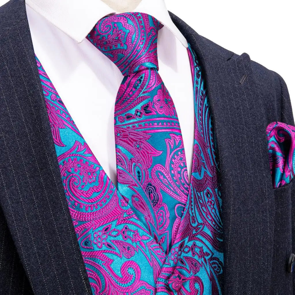 Men's Waistcoat Purple Embroidered Silk Vest with Tie and Pocket Square for Weddings and Formal Events