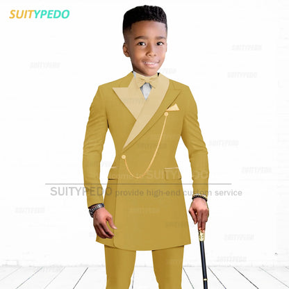 Brief Kids Suit Set  Formal Evening Prom Boys Stylish Gold Lapel Blazer And Pants Two Pieces Children Baptism Formal Costumes