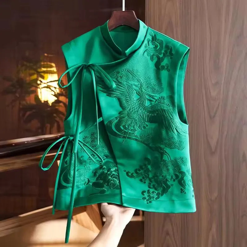 Vintage Chinese Style Vest Outerwear White Crane Embroidered Lacing Waistcoat 2025 Spring Summer Elegant Women's Clothing