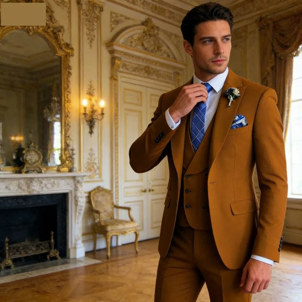 High-End Slim Fit 3 Pcs Set Formal Wedding Suits for Men Casual Business Groom Tuxedos with Jacket Vest Pants for Party Prom