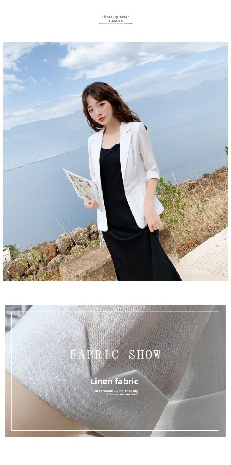 Summer New Sle Women's Linen Suit Jaet Thin Seven-Quarter Sve Drapey Fit Formal Wear Casual Commute Pure Color