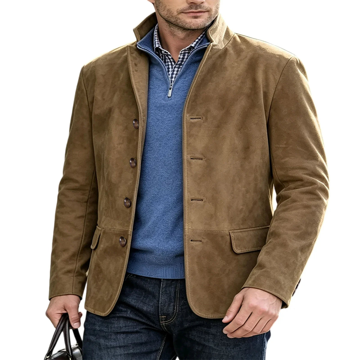 Men's Suede Blazer Single Breasted Slim Fit Classic Stand Collar Suit Jacket for Weddings & Daily Wear