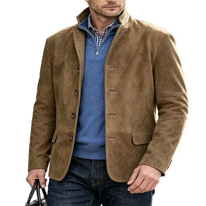 Men's Suede Blazer Single Breasted Slim Fit Classic Stand Collar Suit Jacket for Weddings & Daily Wear