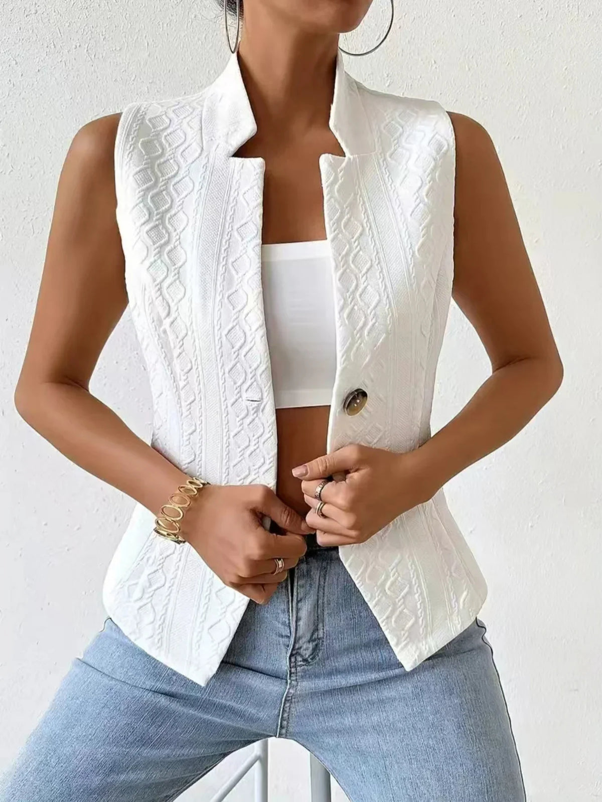 Women's Elegant V-Neck Sleeveless Blazer Vest Solid White Textured Button-Down Slim Fit Waistcoat Top