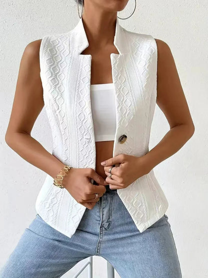 Women's Elegant V-Neck Sleeveless Blazer Vest Solid White Textured Button-Down Slim Fit Waistcoat Top