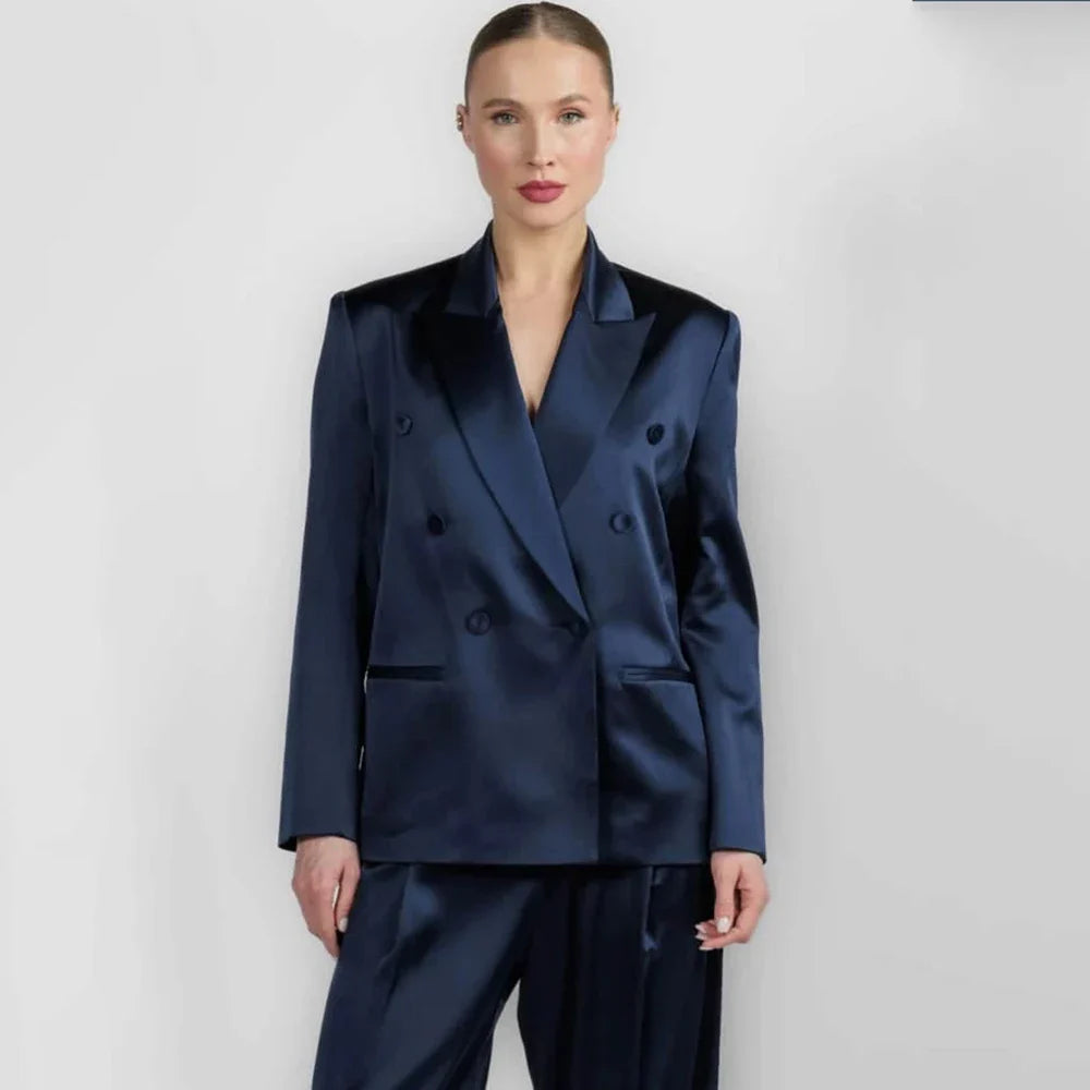 Women's Navy Blue Satin Double Breasted Suit Professional Luxury 2 Pieces Jacket Pants Set Formal Banquet Party Lady Outerwears