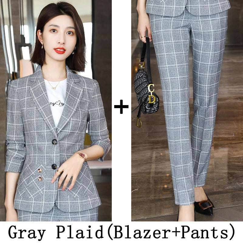 Plaid Women Suits Office Sets 2023 Vintage Long Sleeve Single Button Silm Blazers Chic High Waist Casual Pants Suits