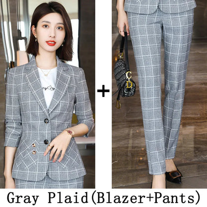 Plaid Women Suits Office Sets 2023 Vintage Long Sleeve Single Button Silm Blazers Chic High Waist Casual Pants Suits