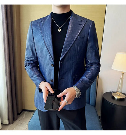 Korean Waffle Leather Suit Jacket Men's Business Casual PU Leather Blazer Slim Fit Wedding Groom Office Social Formal Coats 2026