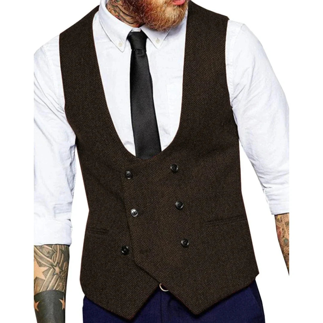 Men's Vest Herringbone Double Button Waistcoat for Weddings & Formal Occasions – Army Green