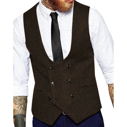 Men's Vest Herringbone Double Button Waistcoat for Weddings & Formal Occasions – Army Green