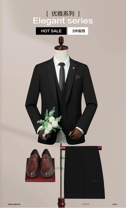 High-Quality Groom's Three-Piece Set Wedding Dress - Slim Fit British Style Business Casual Suit Vest Trousers for Men