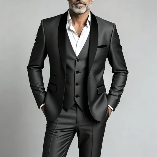 Men's Shawl Lapel 3-Piece Suit — Tailored Single-Breasted, Ideal for Weddings, Banquets & Various Casual Occasions