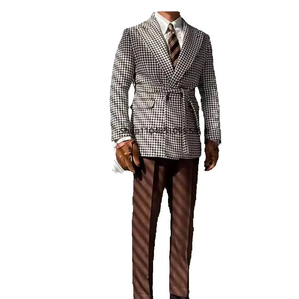 Men's Houndstooth Blazer Double Breasted Jacket for Party Prom Outwear Groom Business Tuxedos Wedding Men Suits Coat Only One