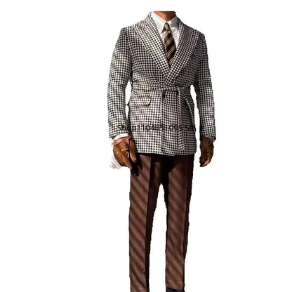 Men's Houndstooth Blazer Double Breasted Jacket for Party Prom Outwear Groom Business Tuxedos Wedding Men Suits Coat Only One