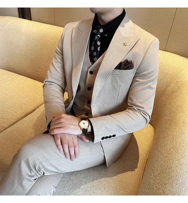 (Blazer + Vest + Trousers) 2024 New Men Formal Business Solid Suit 3 Pieces Set Italian Style Luxury Wedding Social Party Tuxedo