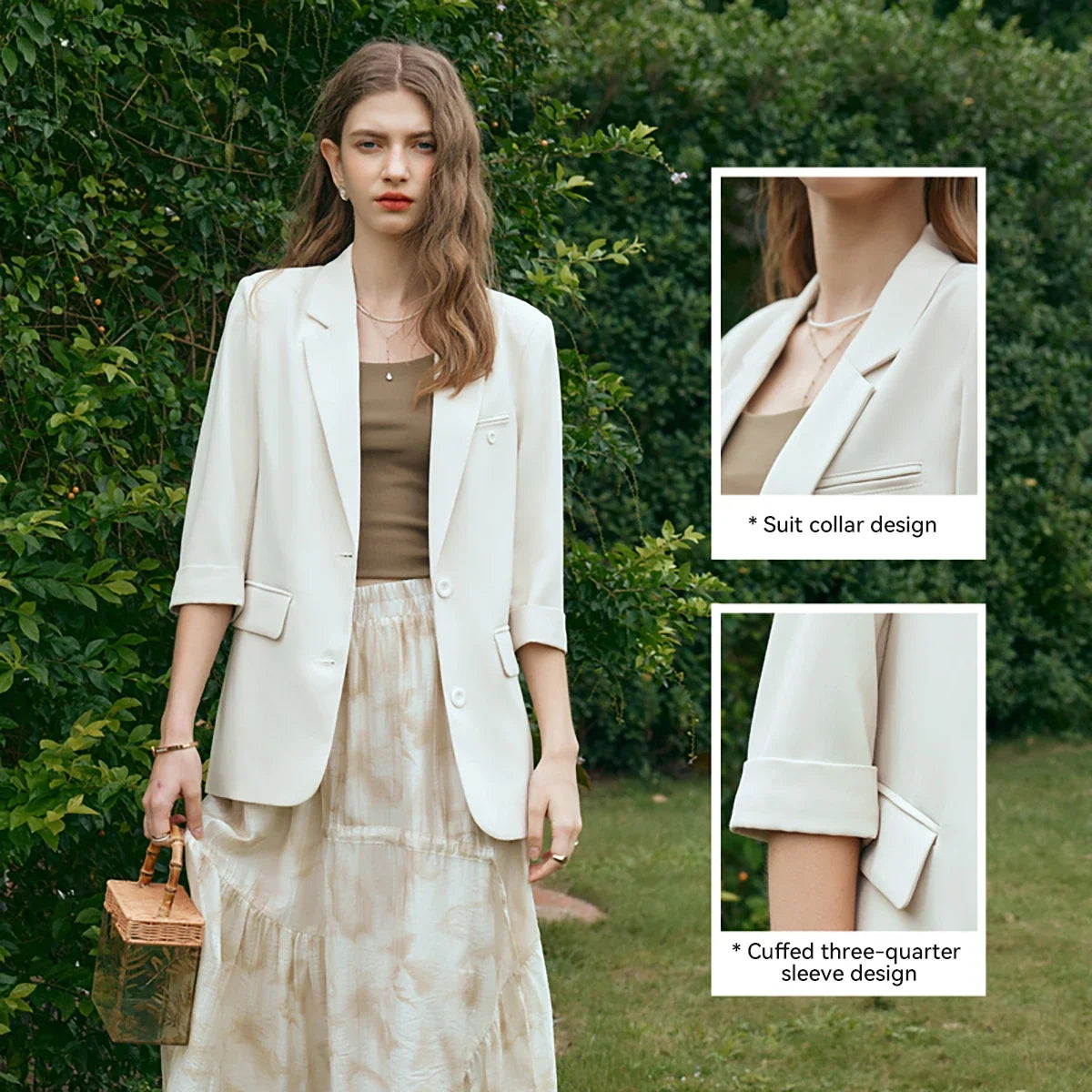 Formal Style Womens Blazers 2026 Spring Office Wear Solid Notched Collar Three Quarter Sleeve Outercoat G24CW89889