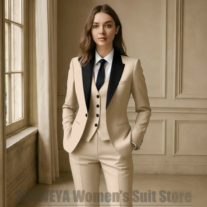 Women Royal Blue 3 Piece Tuxedo Suit Blazer Vest Pants with Black Lapel Slim Fit Formal Party Business Office Outfit