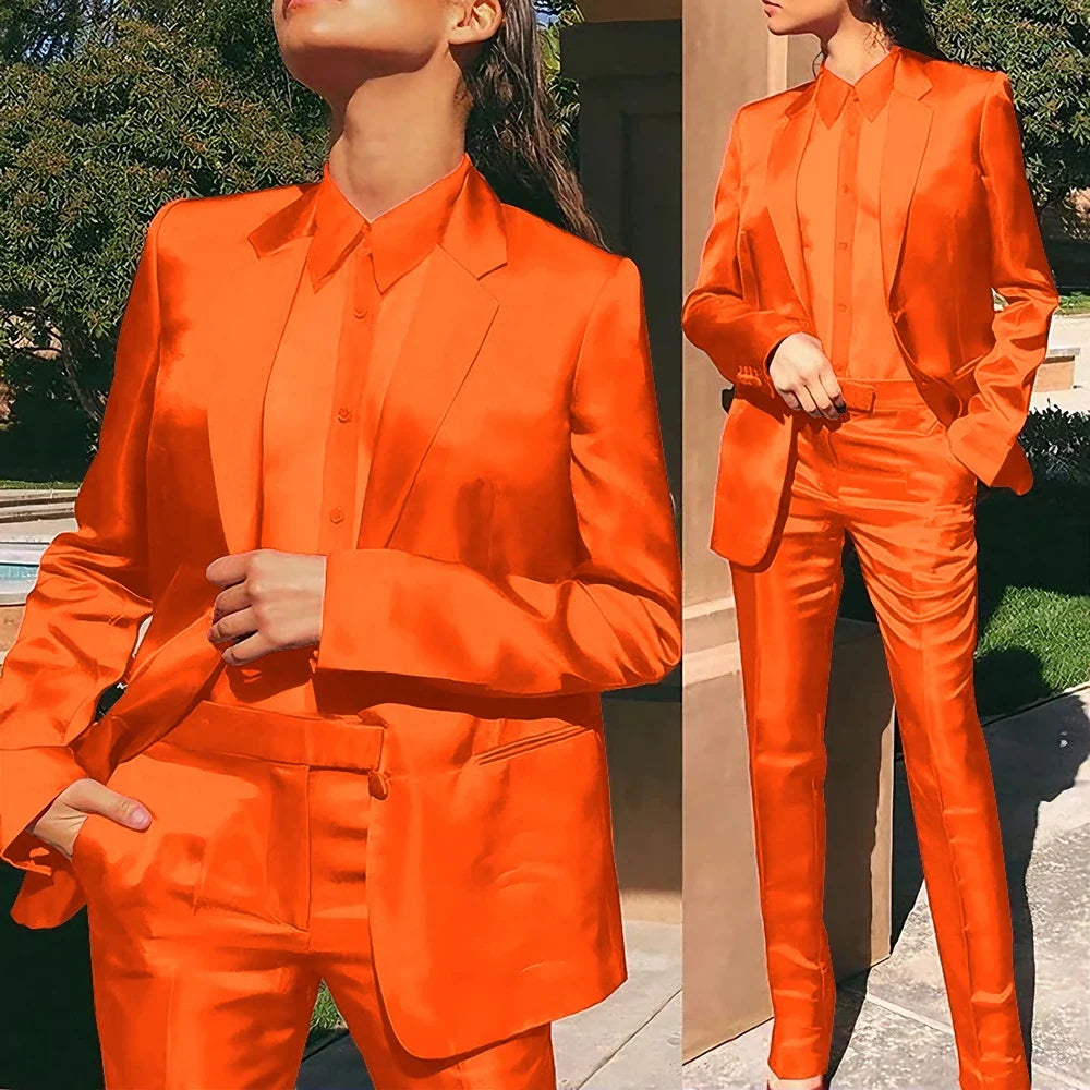 Women’s Red Satin Suit 2 Piece (Jacket+Pants) Set Gorgeous Single-breasted Blazer for Evening Party Formal Cocktail Streetwear
