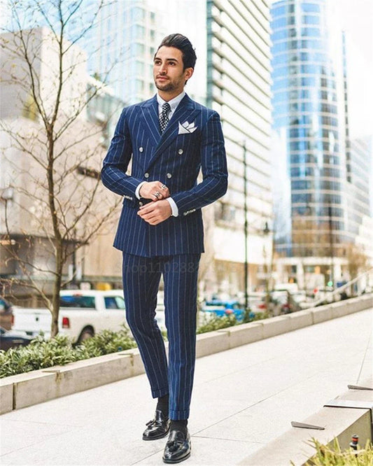 Classic Navy Blue Striped Men's Suits Slim Fit Business Blazer Double Breasted Wedding Groom Tuxedos 2 Piece Set