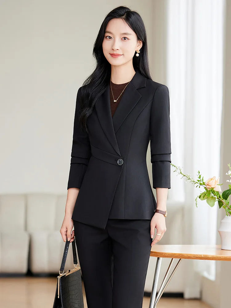 Elegant Green Apricot Black Ladies Pant Suit Women Female Business Work Wear Jacket and Trouser Blazer 2 Piece Set