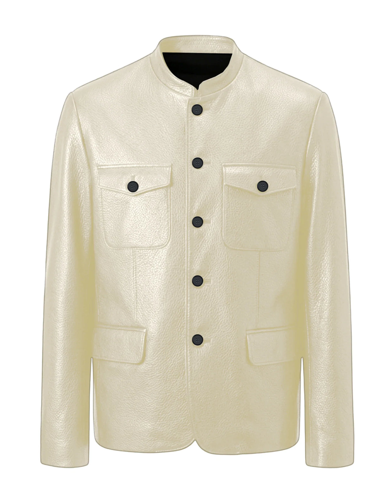 Men Premium Leather-Like Stand Collar Jacket Single Breasted Casual Multi-Pocket Slim Fit Business Outerwear