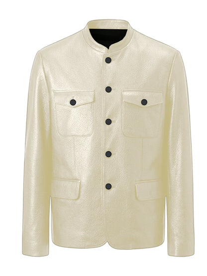 Men Premium Leather-Like Stand Collar Jacket Single Breasted Casual Multi-Pocket Slim Fit Business Outerwear