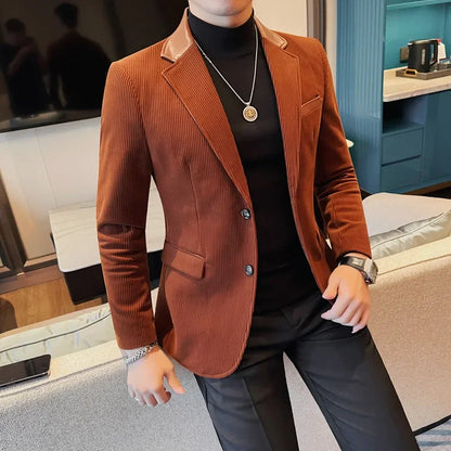Autumn Winter Corduroy Suit Coat For Men Korean Elegant Slim Fit Business Formal Dress Coats Groom Wedding Tuxedo Suit Jacket