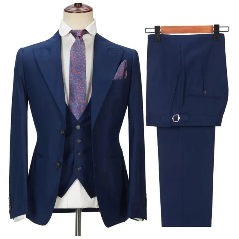 Navy Men's Suits 3 Pieces Side Slit Peaked Lapel Man Clothing Business Formal Wedding Groom Prom Dress Wear Blazer+Vest+Pants