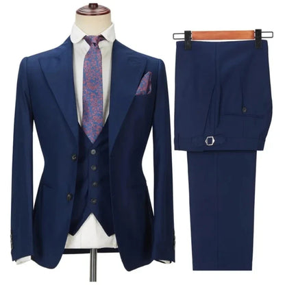 Navy Men's Suits 3 Pieces Side Slit Peaked Lapel Man Clothing Business Formal Wedding Groom Prom Dress Wear Blazer+Vest+Pants
