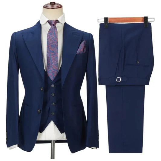 Navy Men's Suits 3 Pieces Side Slit Peaked Lapel Man Clothing Business Formal Wedding Groom Prom Dress Wear Blazer+Vest+Pants