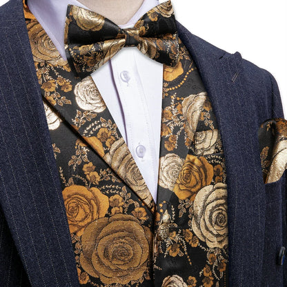 Men's Jacquard Floral Vest – Notched Lapel Waistcoat with Bowtie for Wedding & Formal Events