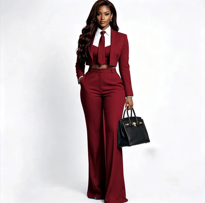 Sharp Women's Burgundy Suit Tailored Cropped Jacket+Wide Leg Pants 2 Piece Set Formal Evening Party Female Clothing
