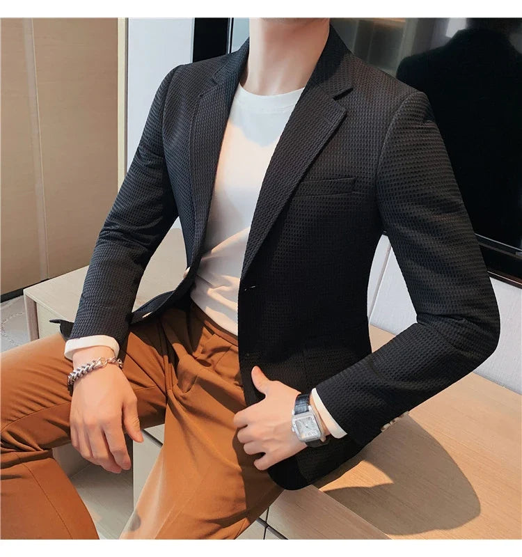2025 Spring New Waffle Suit Coats Men Slim Fit Business Casual Blazer Jacket Homme Formal Groom Prom Wedding Tuxedo 4XL-M