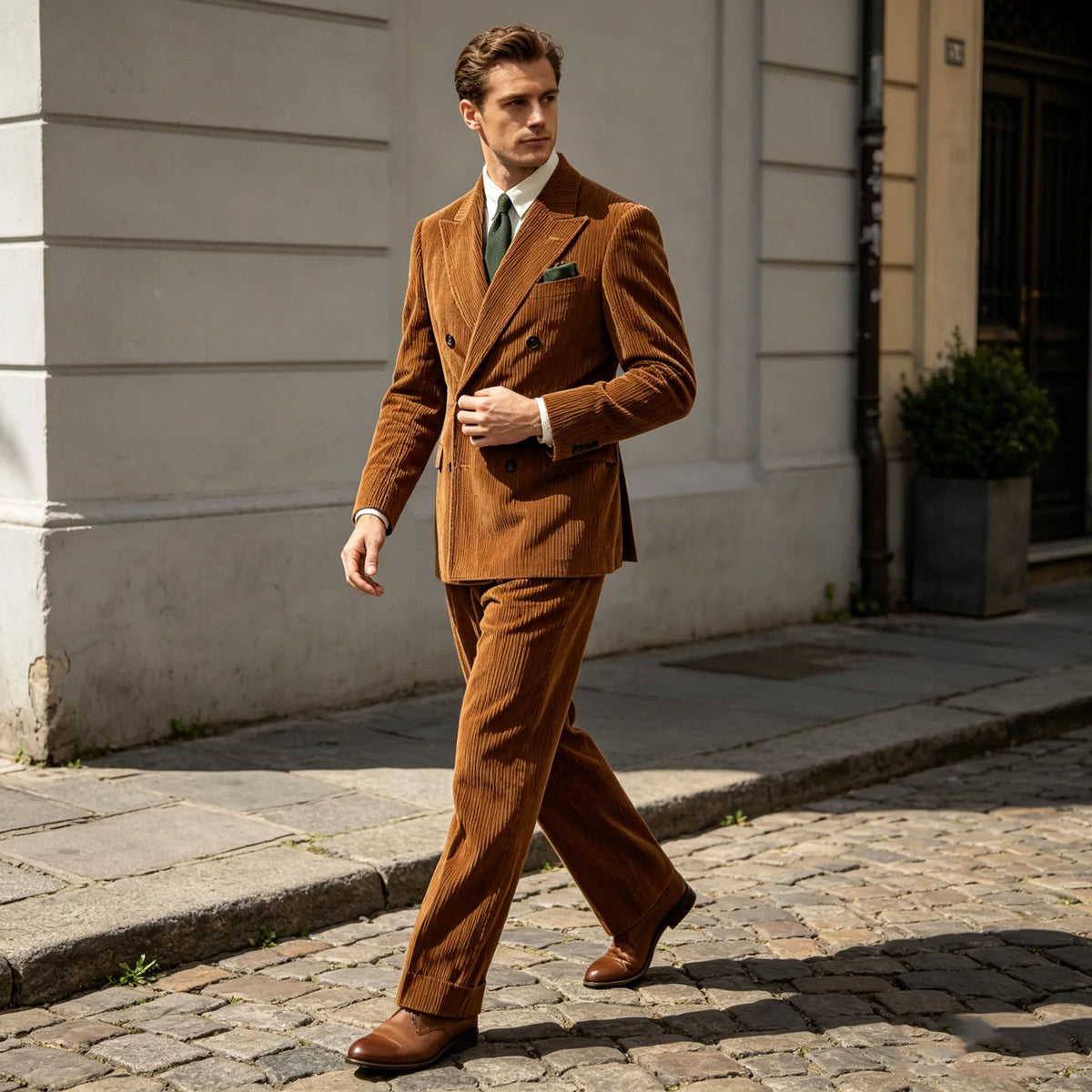 Men's Corduroy Suit 2 Piece Retro Double Breasted Peak Lapel Blazer Straight Leg Pants Formal Set Business Casual Wedding Party