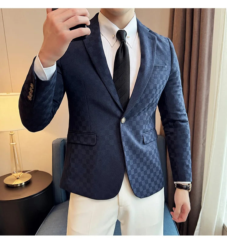 2024 Spring Plaid Blazers Men Single Breasted Casual Business Suit Jacket Fashion Slim Social Banquet Wedding Groom Dress Coats