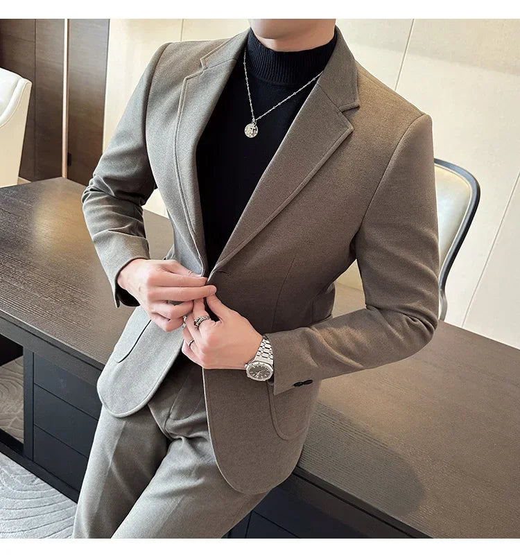 Plus Size 7XL-M ( Jacket+Pant）Autumn Winter Thickened Starry Sky Woolen Suit High Quality Slim Fit Business Social Casual 2 Pcs