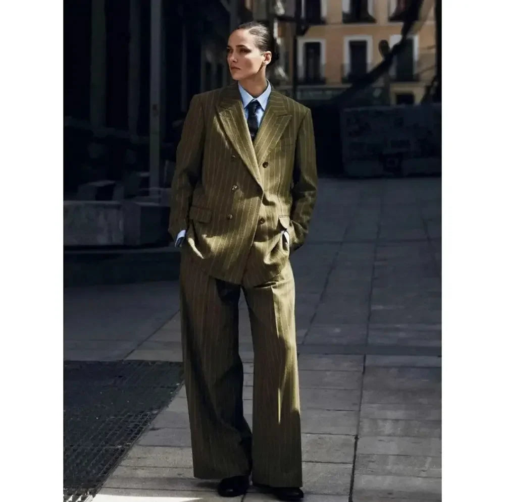 Green Stripes Women's Pants Sets Loose Two Pieces High-end Double Breasted Suits Office Work Fashion Outfits( Blazer+Trousers)