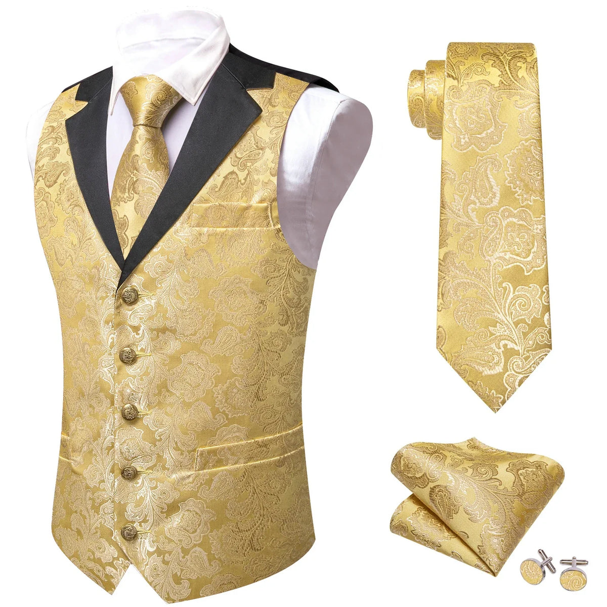 Men's Jacquard Floral Vest & Bowtie Set for Wedding & Formal Events – Yellow