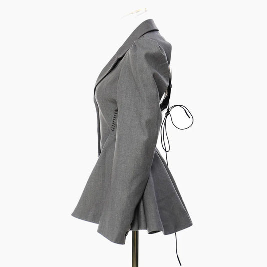 Spring Autumn New Women Blazer Backless Ruffle Hem Waist Cinching Slim Fit Single Breasted Elegant Sexy Chic Jacket HK16635