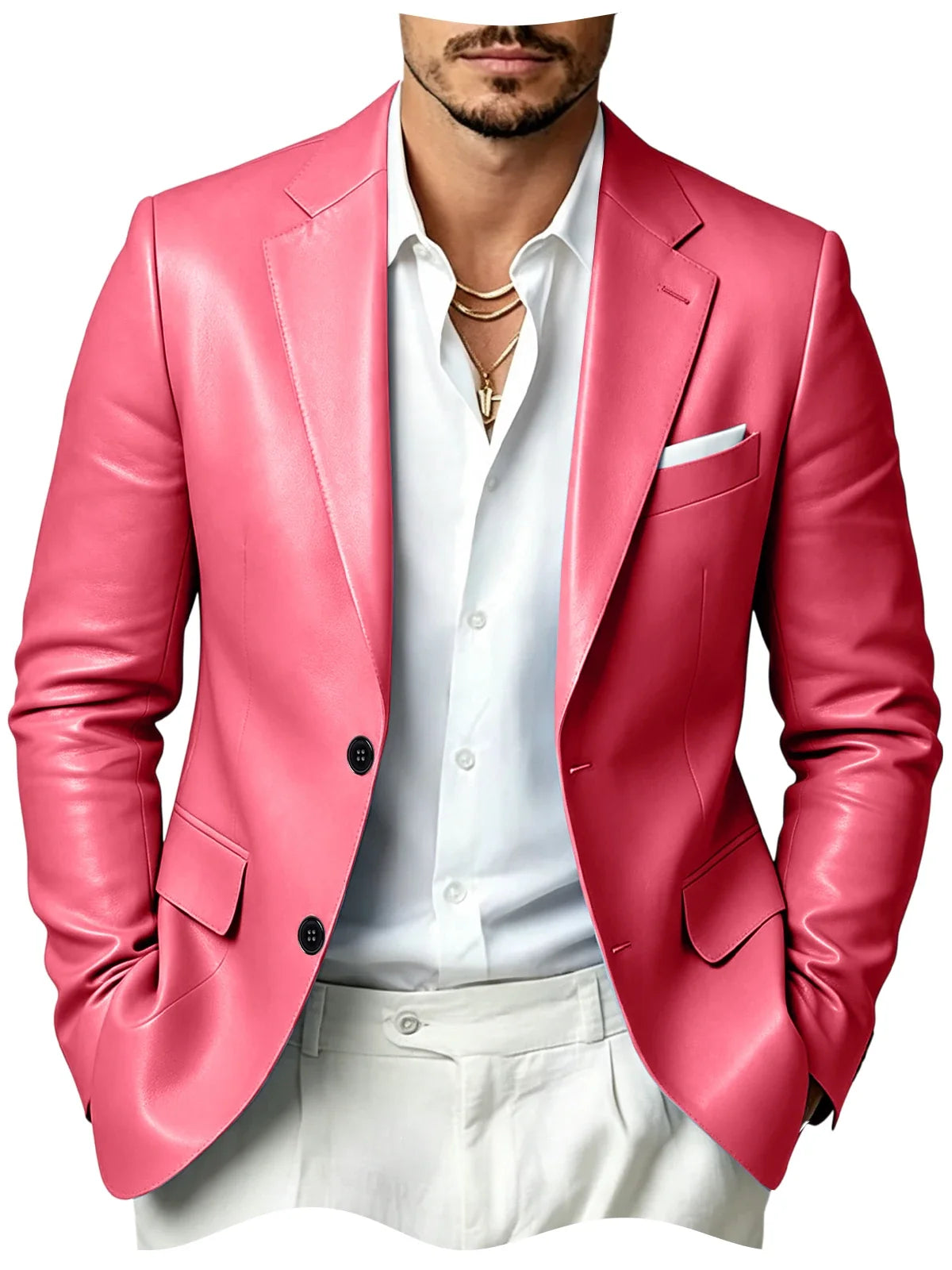 Men's Faux Leather Blazer Slim Fit 2 Button Notched Lapel Suit Jacket Business Formal Leather Sport Coat For Wedding Party
