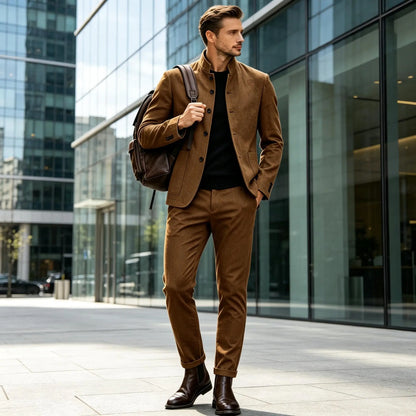 Men Stand Collar Linen Blazer Set Slim Fit 2 Pieces Jacket Pants Breathable Wrinkle‑Resistant Vintage Casual Business Outerwear