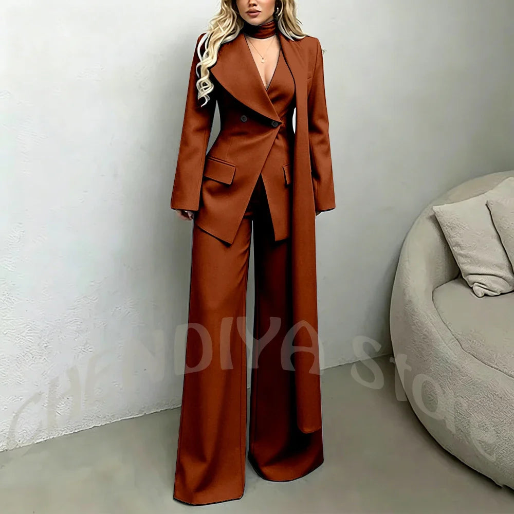 Classic Black Women Suit Set Double Breasted Asymmetrical Blazer Pants with Muffler Formal Office Elegant Two Piece Outfit